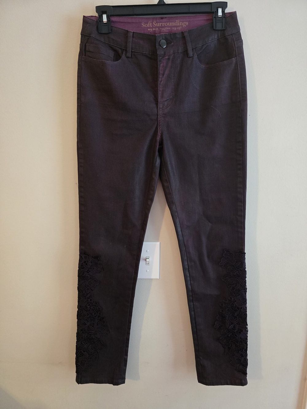 Soft Surroundings Plum Embroidered Ankle Pants With Lace Detailing
